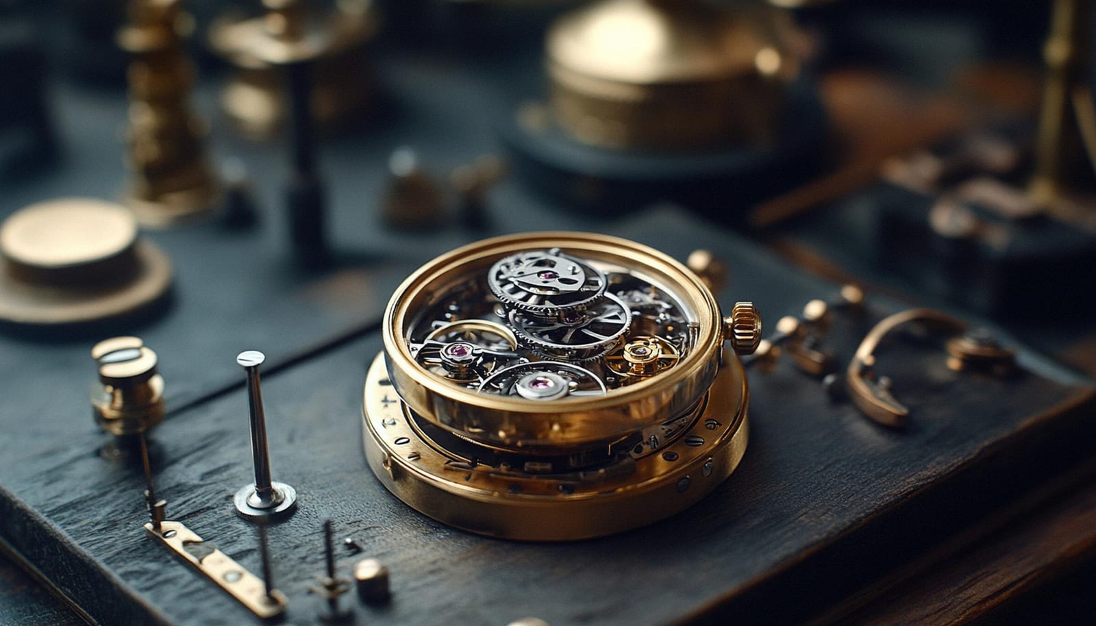 Dettaglio ravvicinato dei componenti di un meccanismo orologiero sul banco di lavoro