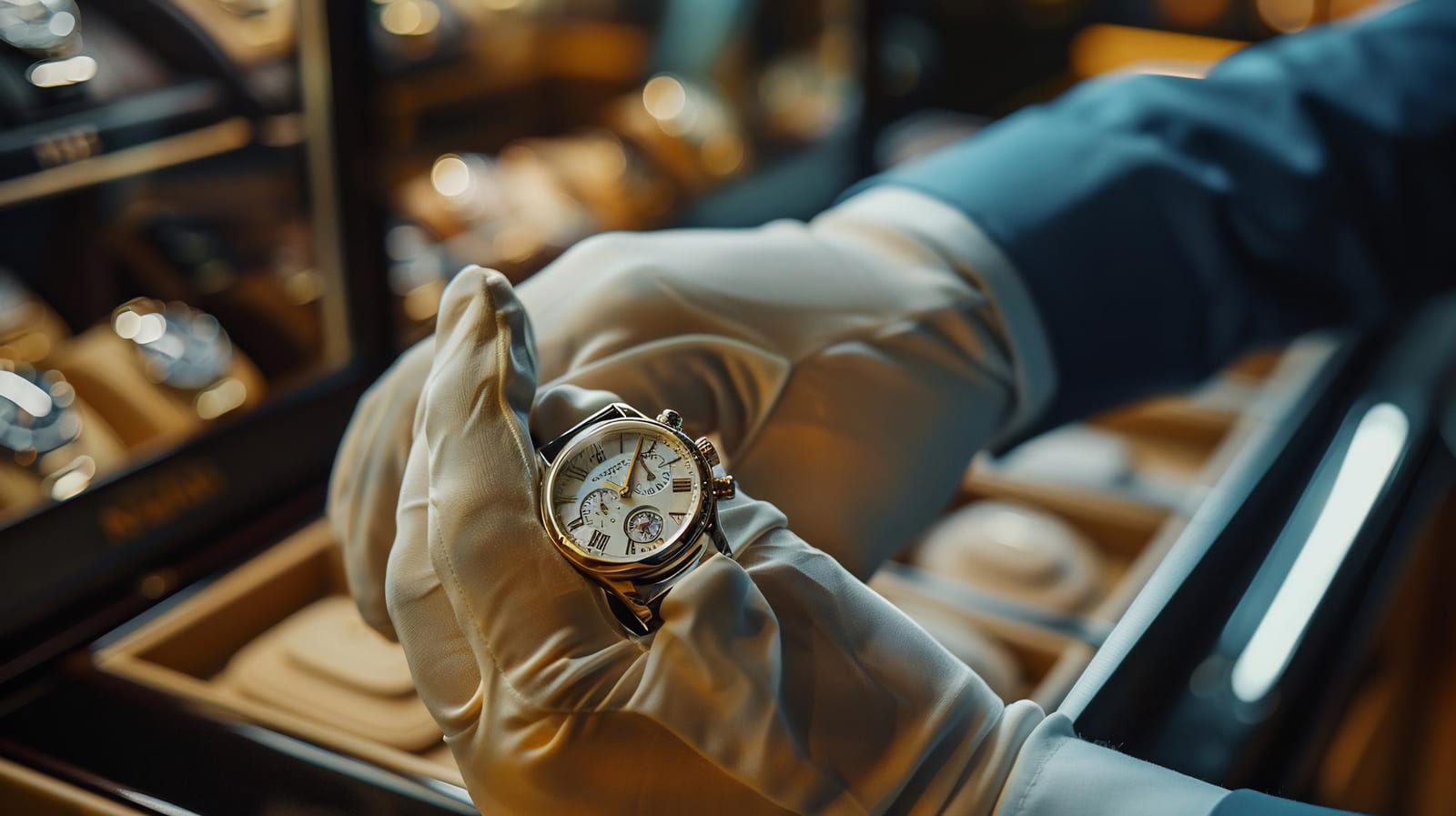 Tecnico con guanti mostra un orologio da uomo di pregio